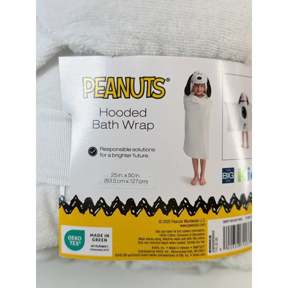 Peanuts Snoopy Kids Hooded Bath Wrap Towel White 25x50
